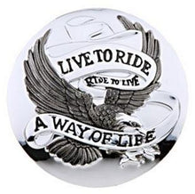 Load image into Gallery viewer, Live To Ride Motif Chrome Petrol Cap Stick-On Cover - Motorcycle/Trike/Harley
