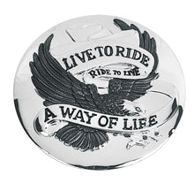 Load image into Gallery viewer, Live To Ride Motif Chrome Petrol Cap Stick-On Cover - Motorcycle/Trike/Harley

