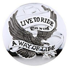 Load image into Gallery viewer, Live To Ride Motif Chrome Petrol Cap Stick-On Cover - Motorcycle/Trike/Harley - Zodiac 301729
