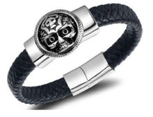 Load image into Gallery viewer, Bracelet &quot;Skull with Skull&quot; Stainless Steel Twisted Cable - Black, Magnetic Closure
