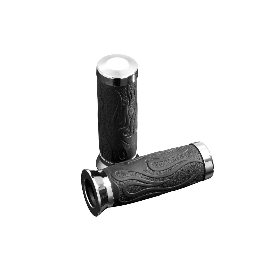 Flame Moulded Rubber 7/8 inch (22mm) Grips with Chrome End Caps (Pair) - Highway Hawk H45-0136