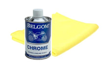 Load image into Gallery viewer, Belgom Chrome Metal Liquid Polish &amp; Cleaner plus Lint Free Polishing Cloth - 250ml
