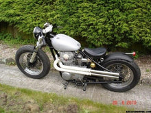 Load image into Gallery viewer, Flames Motorcycle Solo Seat Old School Chopper Bobber Inset with Flame Stitching V-Twin Manufacturing 47-0072
