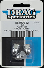 Load image into Gallery viewer, Chrome 10mm Acorn Nuts, Pair (2) fits M10 Bolt 1.5 UNC Thread - High Crown - Drag Specialties DS190342
