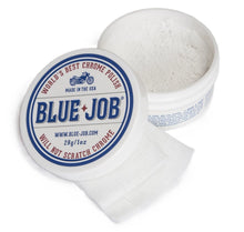 Load image into Gallery viewer, Blue Job Chrome Exhaust Polish - Removes Pipe Bluing, 28g Tub - will NOT scratch chrome
