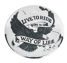 Load image into Gallery viewer, Live To Ride Motif Chrome Petrol Cap Stick-On Cover - Motorcycle/Trike/Universal - Zodiac 301729
